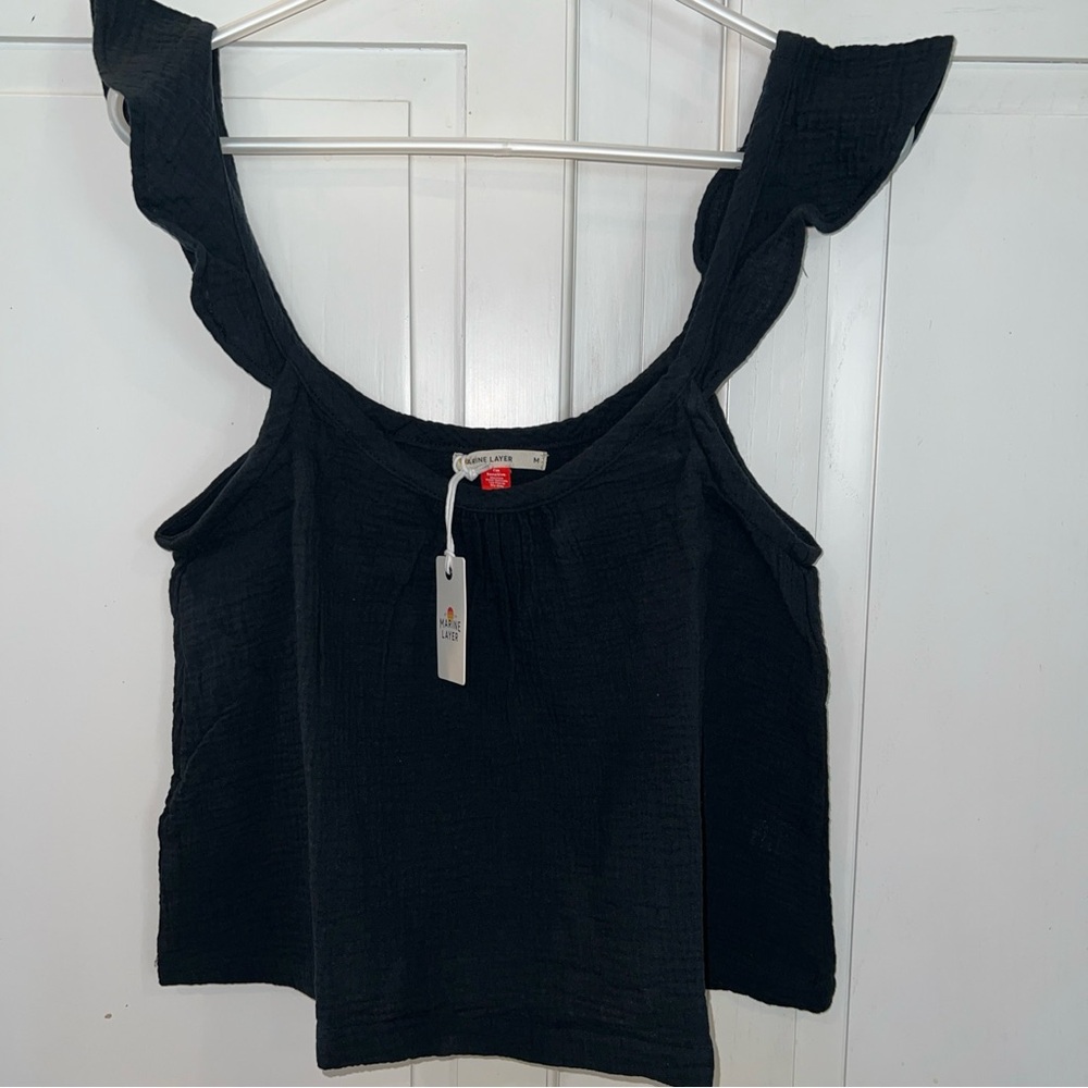 MARINE LAYER NWT Jude Flutter Sleeve Tank Medium Cropped Black Cotton